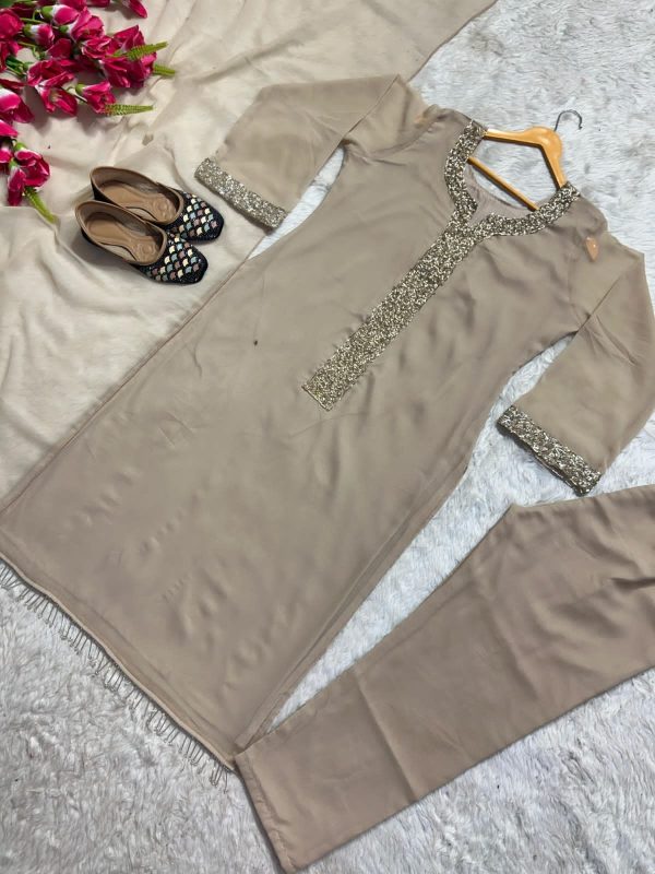 Desirable Fancy Faux Georgette Kurti Set with Real Moti Hand Work! - Image 6