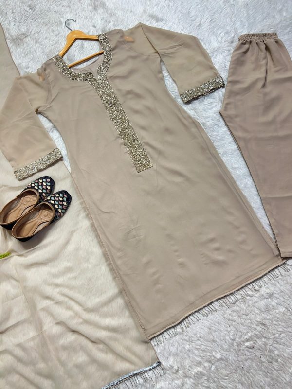 Desirable Fancy Faux Georgette Kurti Set with Real Moti Hand Work! - Image 9