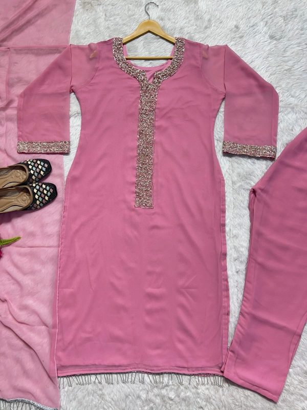 Desirable Fancy Faux Georgette Kurti Set with Real Moti Hand Work! - Image 7