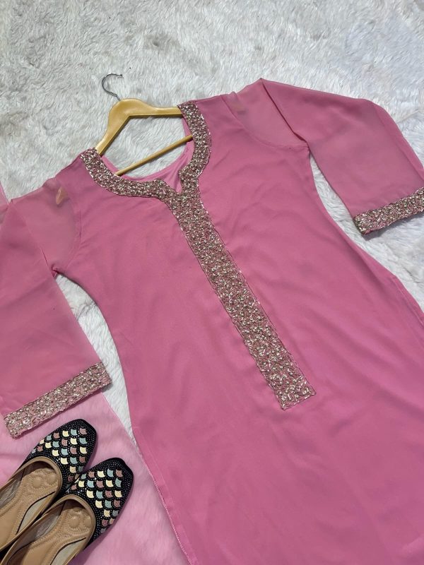 Desirable Fancy Faux Georgette Kurti Set with Real Moti Hand Work! - Image 10